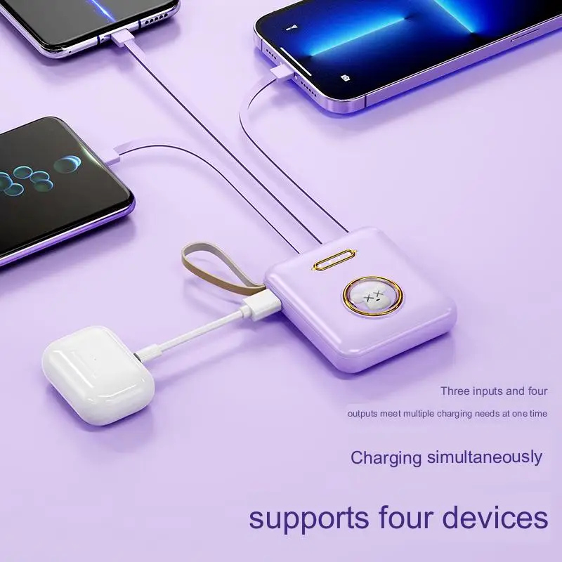 

Mini Powerbank 10000mah Cute Compact External Battery Pack Portable Charger Built in 4 Cables for iPhone iPad Samsung Andiord