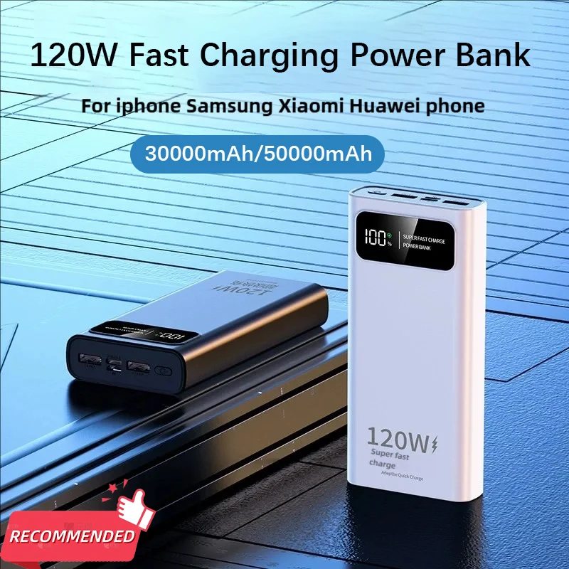 

120W Power Bank Fast Charging 50000MAh High Capacity Digital Display Powerbank Spare External Battery for Iphone Samsung Xiaomi