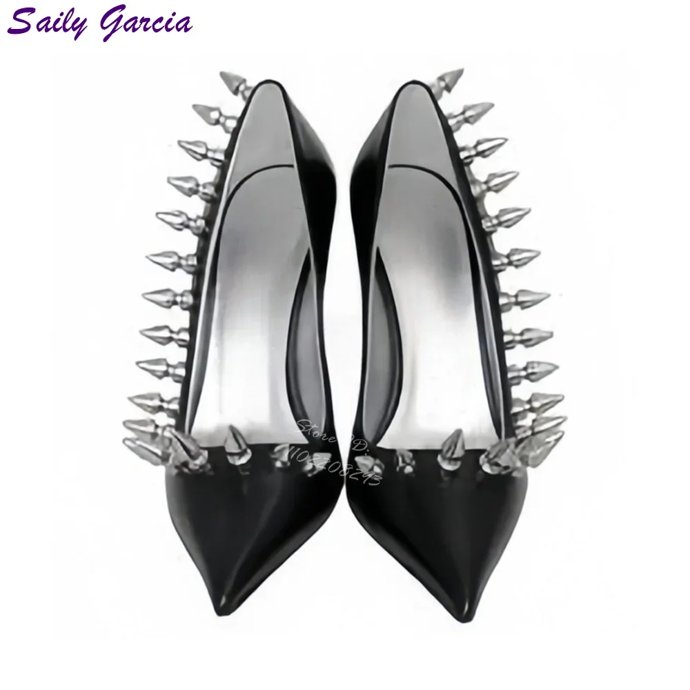 

Сексуальные туфли-лодочки на металлическом каблуке с заклепками, черные туфли на высоком мелком каблуке с острым носком, лето 2025, женские модные подиумные модельные туфли на шпильке из искусственной кожи