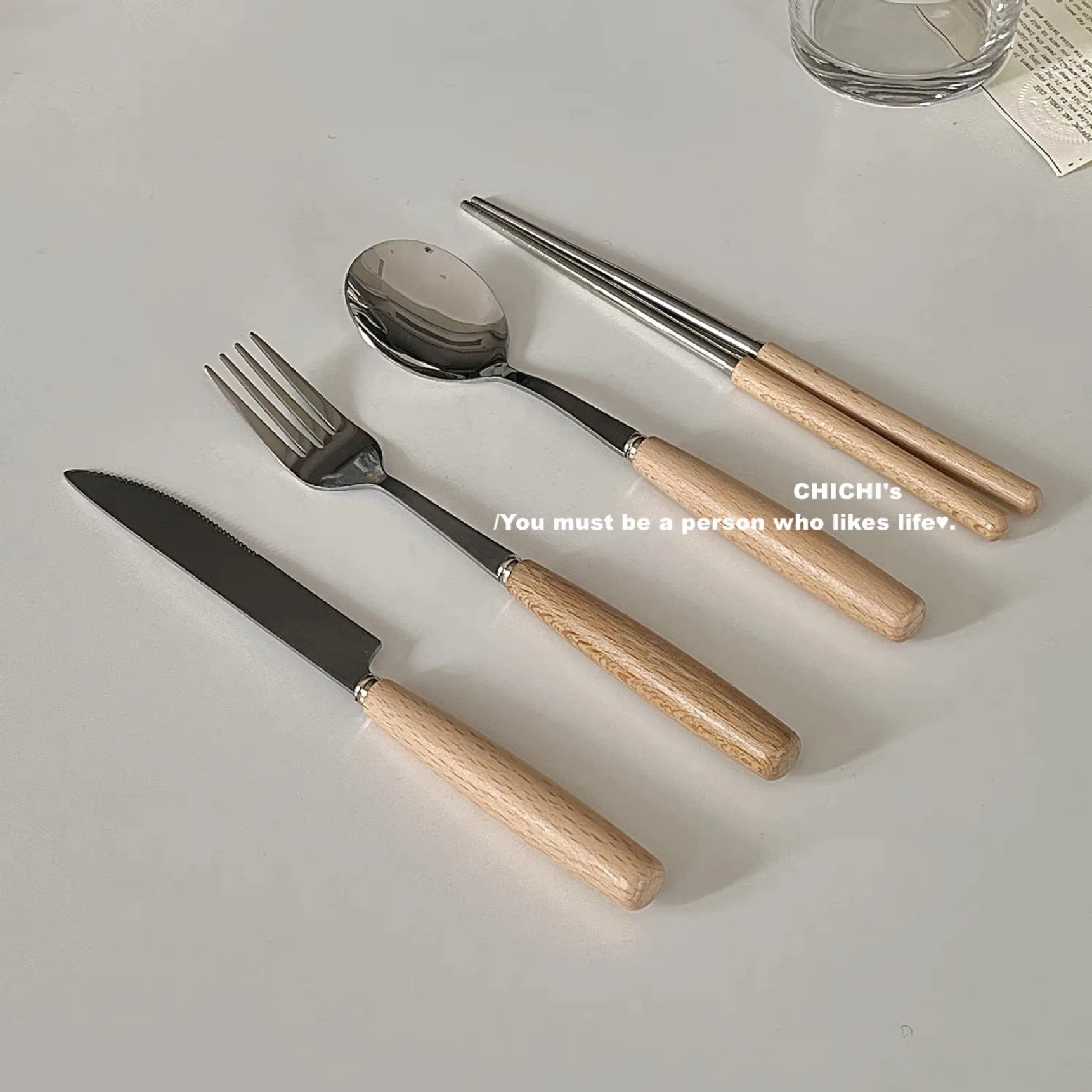 2/3/4pcBox-packed Flatware Sets Stainless Steel Imitation Wood Handle Knife Fork Spoon Mirror Cutlery Chopsticks  Kitchen Dinner