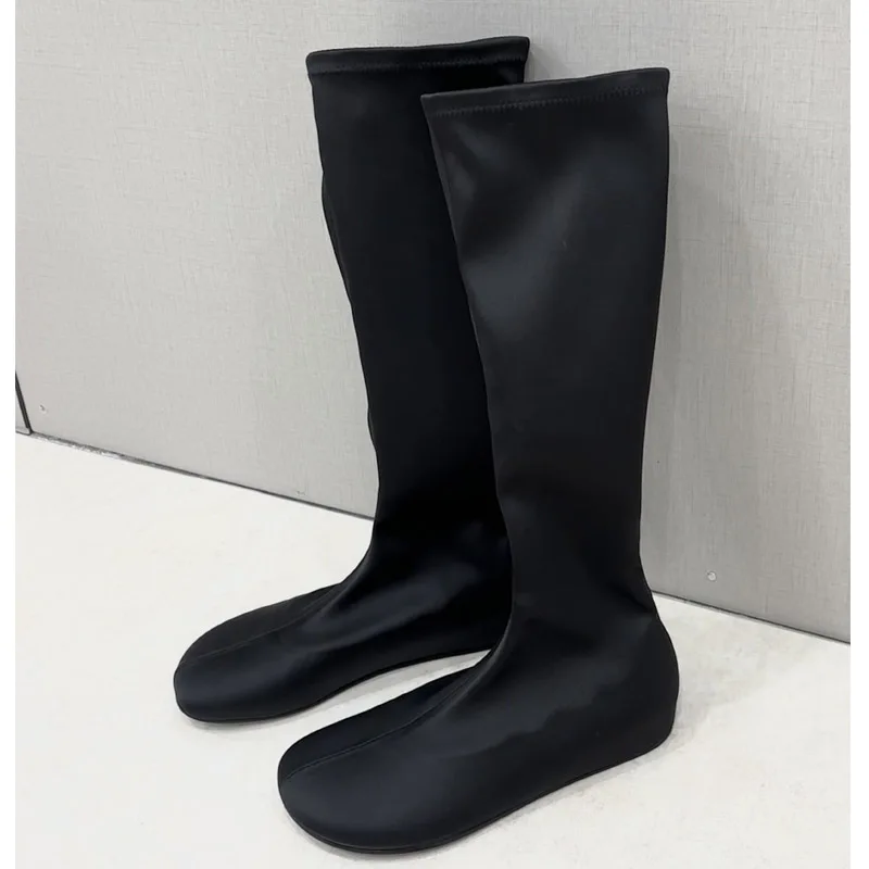 Aneikeh 2026 Fashion Women Black Stretch Sock Boots Round Toe Flat Sole Knee High Pull On Slim Fit Autumn Winter Footwear