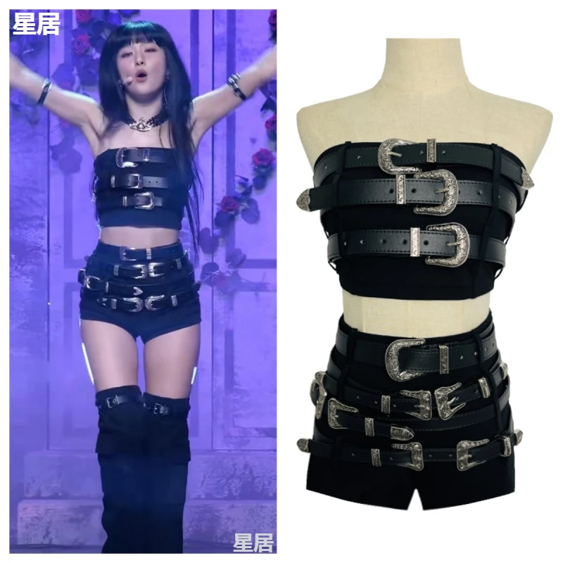 

Kpop Women Group Jazz Dance Sexy Black Strapless Vest Crop Tops Women Nightclub Girls Tight Shorts Festival Wear Stage Costume