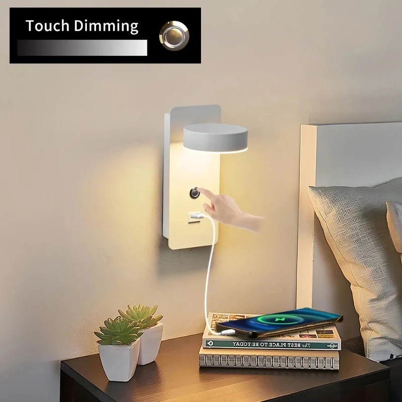 

3-Color Dimmable LED Wall Lamp W/USB Charger, Bedside Night Light for Bedroom Living Room, Modern Sconce W/Switch