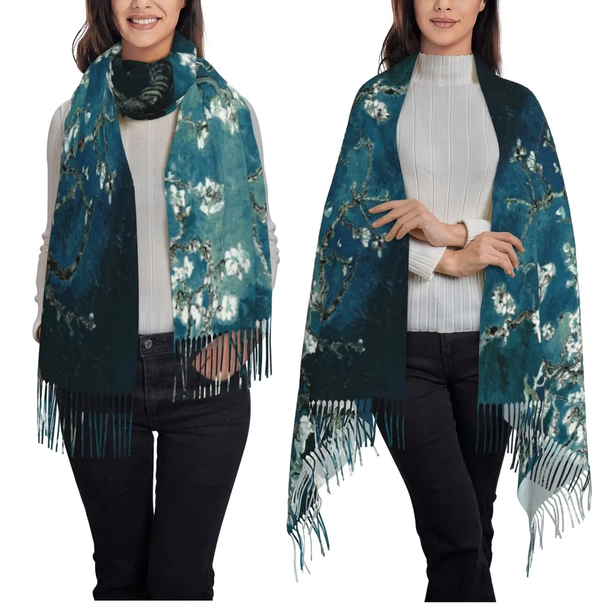 

Almond Blossom Plant Van Gogh Aesthetic Scarf Tassel Scarves Women Soft Warm Shawls and Wraps Long Fall Winter Shawl Wrap