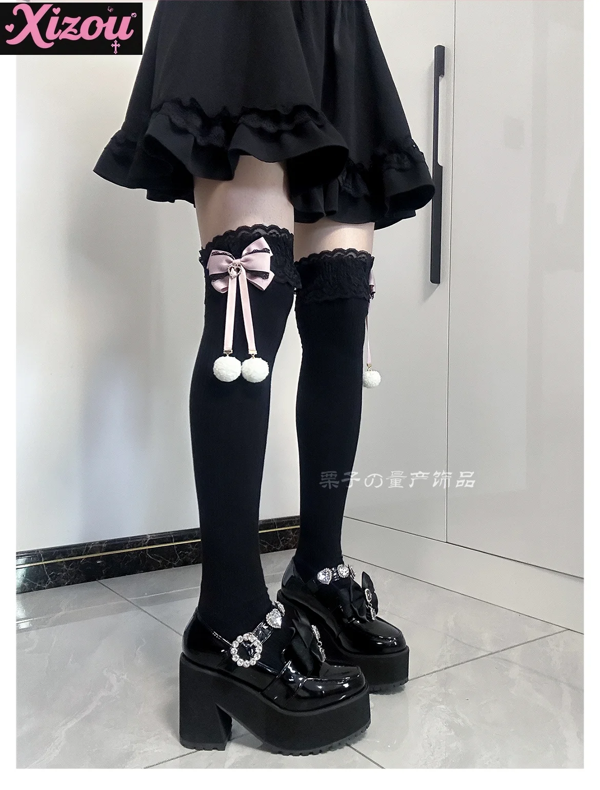 JK Girl Socks Japanese Mine Series Mass-produced Long Tube Hairball Bow Thigh High Socks Lolita Knee High Socks Lace Stockings