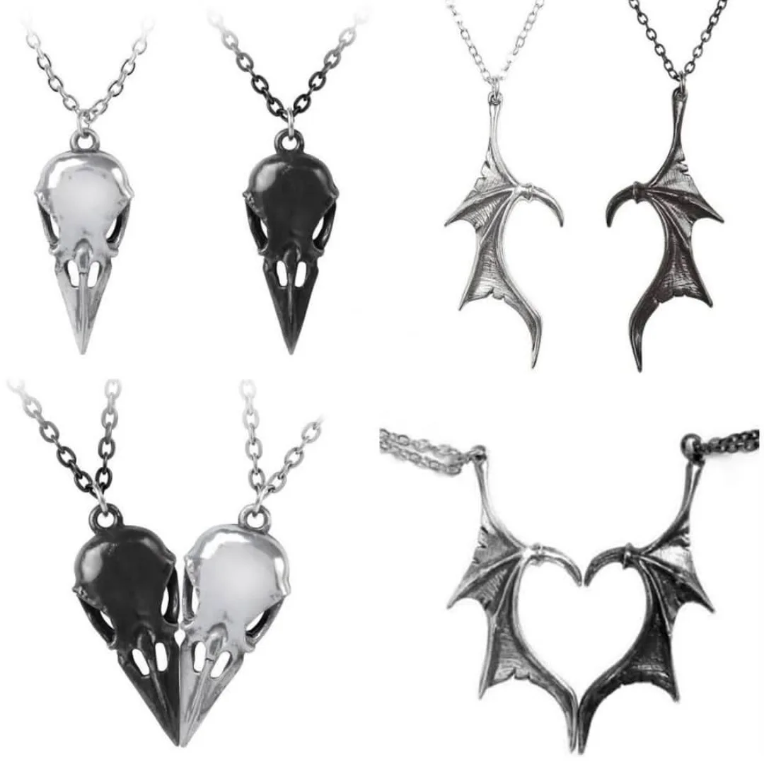 Vintage Gothic Accessories for Women Men Couple Matching Necklace White Black Dragon Wing Heart Pendant Hip-hop Punk Jewelry