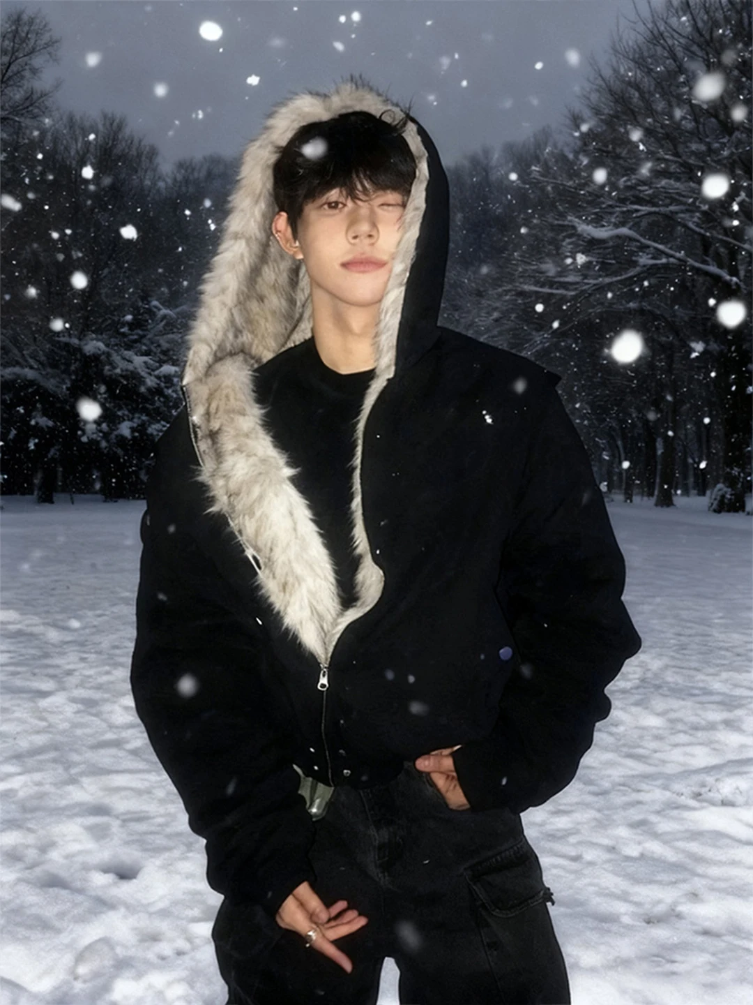 

American Style Thickened Hooded Jacket Men's Cotton Coat Fall Winter Cleanfit Fleece Lined Fur Collar Mountain Eagle Design