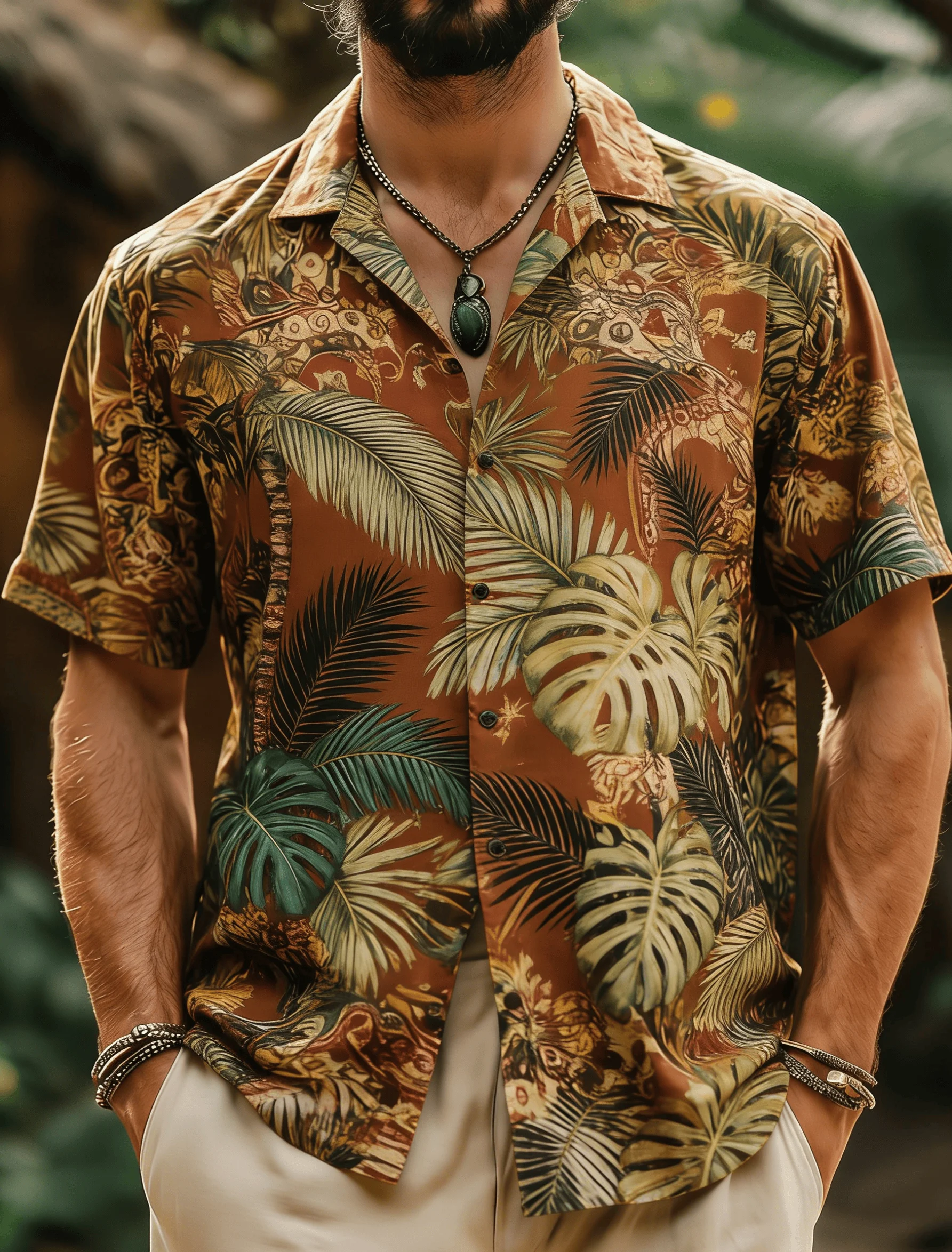 Men's Vintage Totem Print Short Sleeve Shirt, Spring Summer Boho Casual Top, Pocket Lapel Style