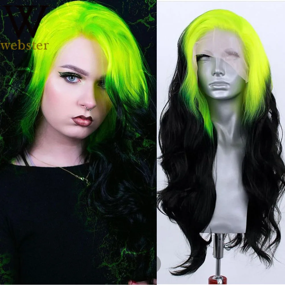 Webster Synthetic Lace Front Wig Ombre Green Body Wave Pre Plucked Wig For Black Women With Natural Hairline Lace Frontal Wigs