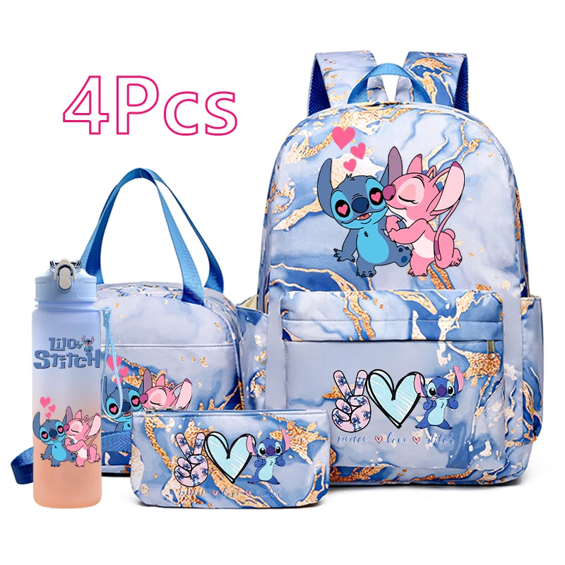 

4Pcs Lilo Stitch Backpack for Boy Girl Teen Student Knapsack 750Ml Outdoor Sports Water Bottle School Blue Lunch Bag Pencil Bags