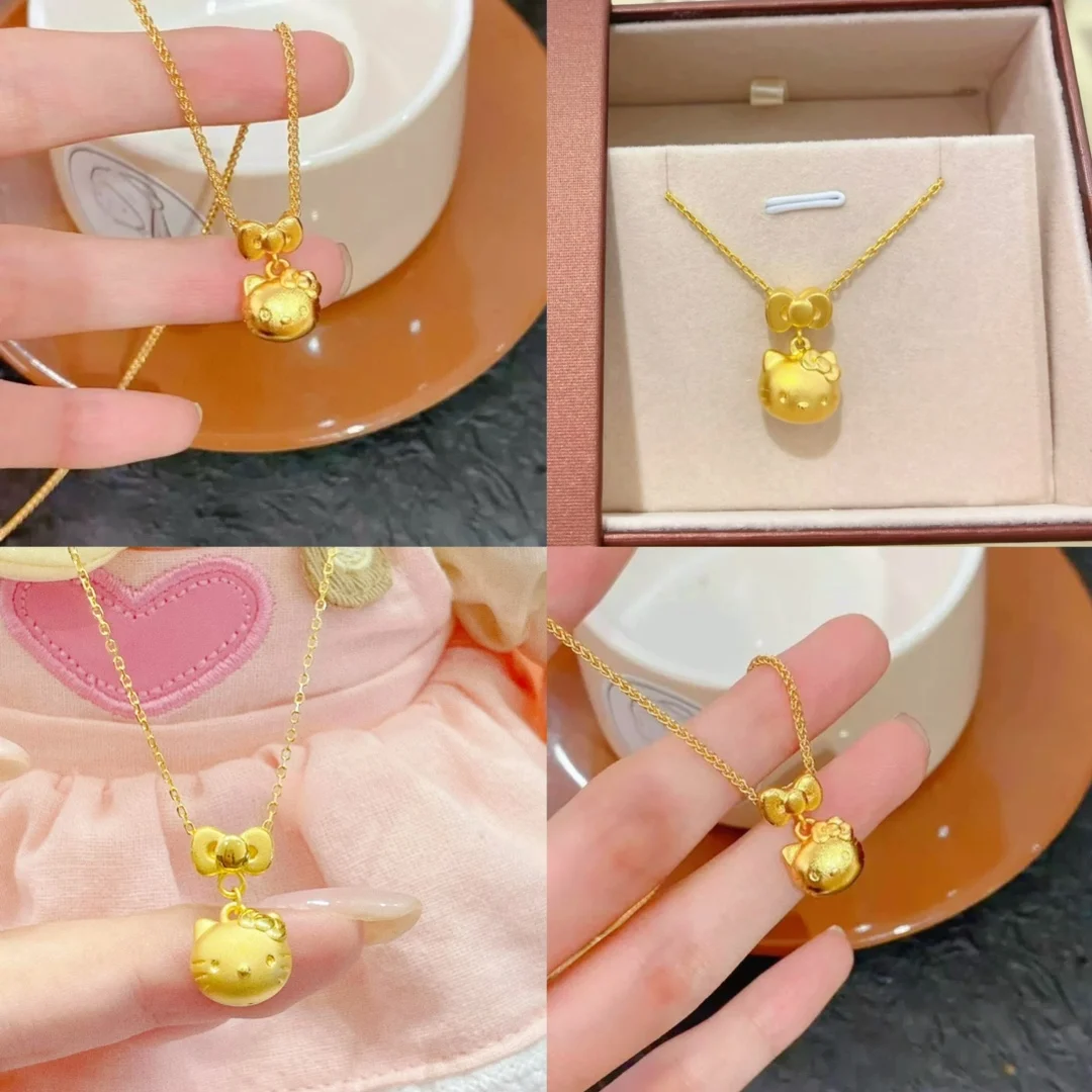 

Women's Cat Pendant, 24K Gold, AU999 | Solid gold curled cat with diamond eyes, "Meow" engraving for cute luxury.