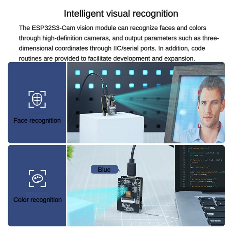 ABSU ESP32-S3 Модуль Wi-Fi-камеры Модуль AI Vision Поддержка передачи видео Wi-Fi Распознавание лиц и цветов Двухрежимный комплект