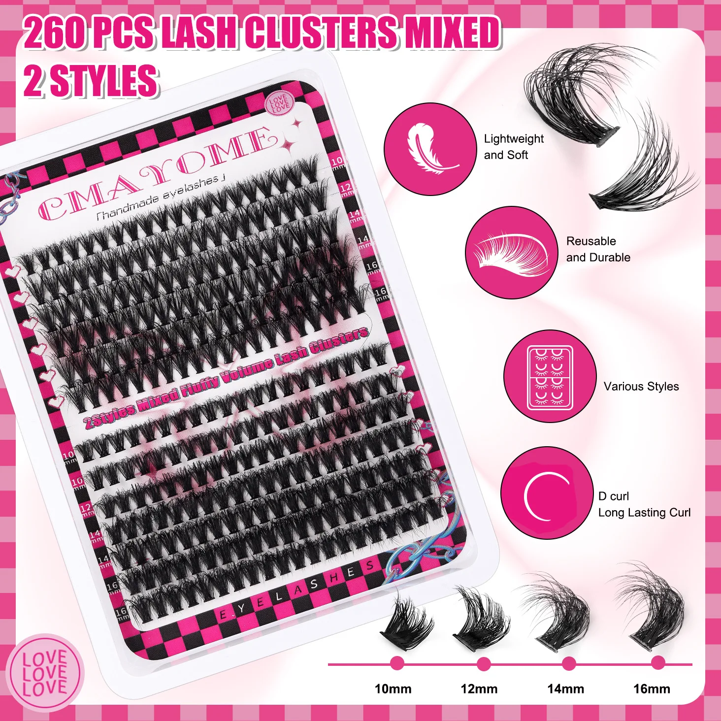 Conjunto de cílios segmentados Cluster para mulheres, D Curl Dense, Extensão de cílios, Maquiagem Tool, 260, 246