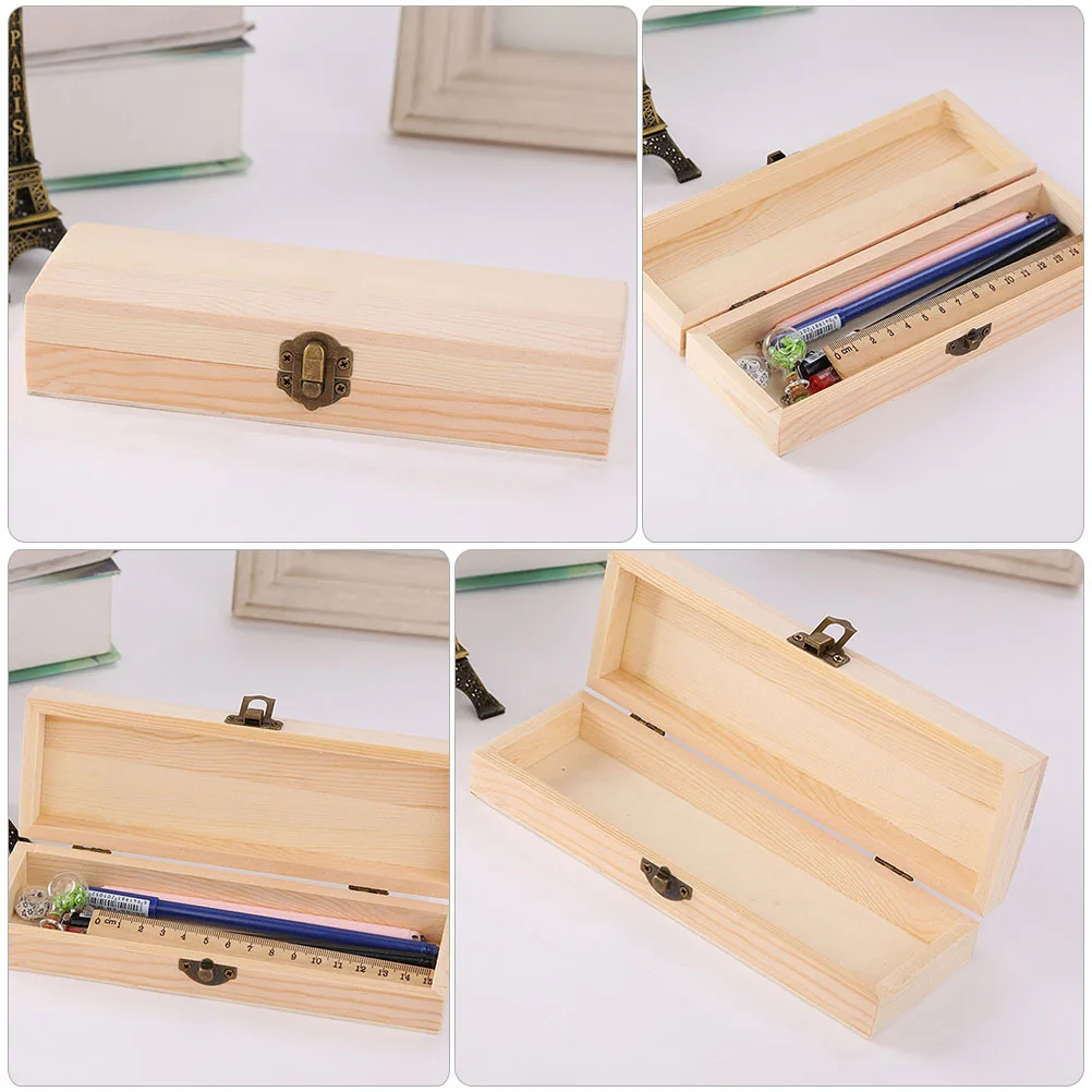 2Pcs Wood Pencil Storage Box Simple Oblong Stationery Organizer Compact Portable Case for Pen Pencil Eraser Wood Stationery Box
