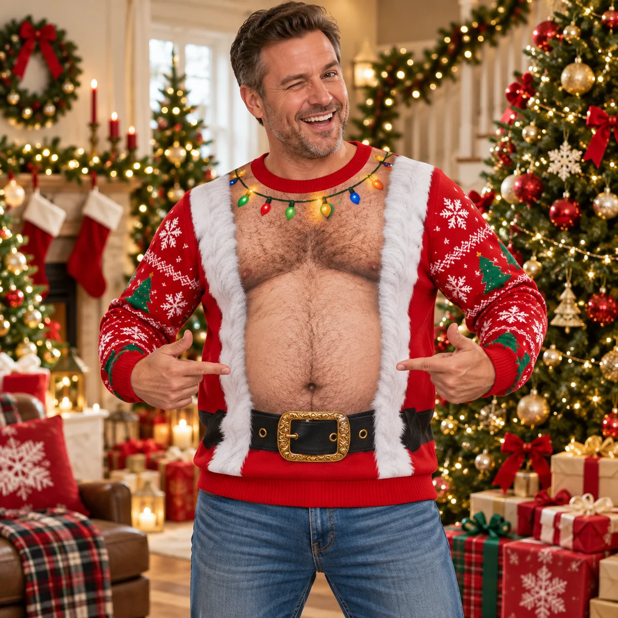Santa Belly Illusion Hässlicher Weihnachtspullover für Herren, 3D-Druck, Polyester, Rundhals-Sweatshirt, lustiges Weihnachtskostüm, Pullover – Detail 9