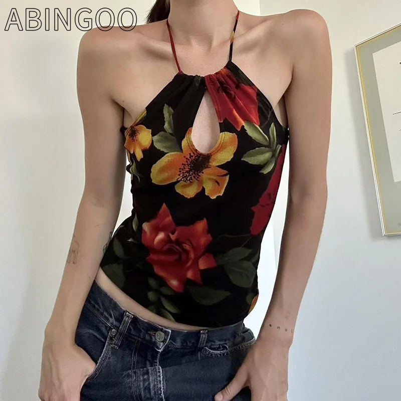 

ABINGOO Vintage Floral Print Backless Cami Top Cut Out Front Women Sexy Halter Tank Tops Y2K Fashion Slim Vest Summer Outfits