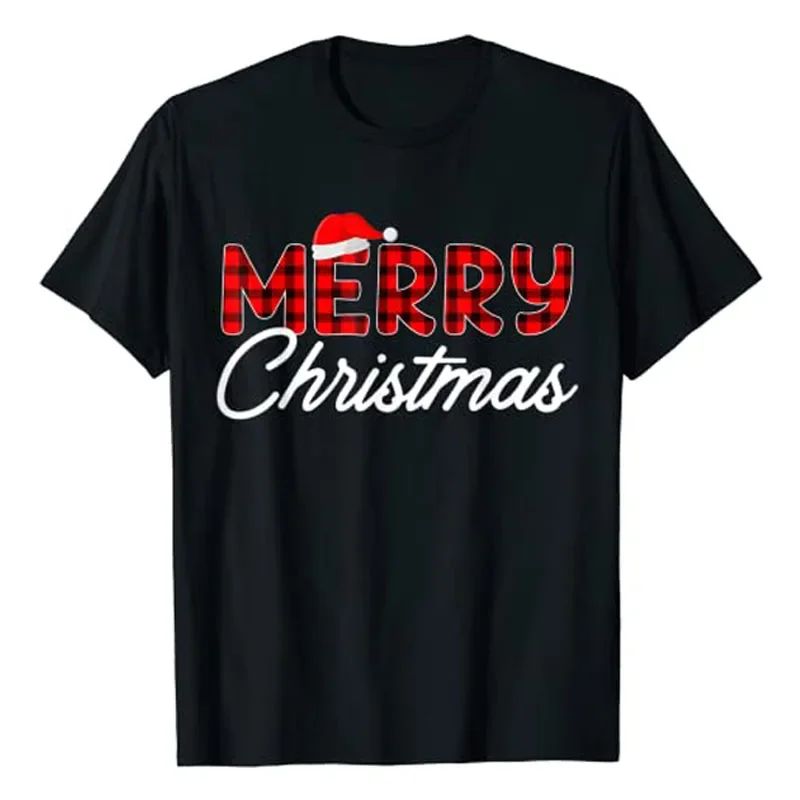 

Merry Christmas Buffalo Plaid Red Santa Hat Family Matching Xmas Pajamas T-Shirt Sayings Quote Graphic Tee Tops Basics Outfits