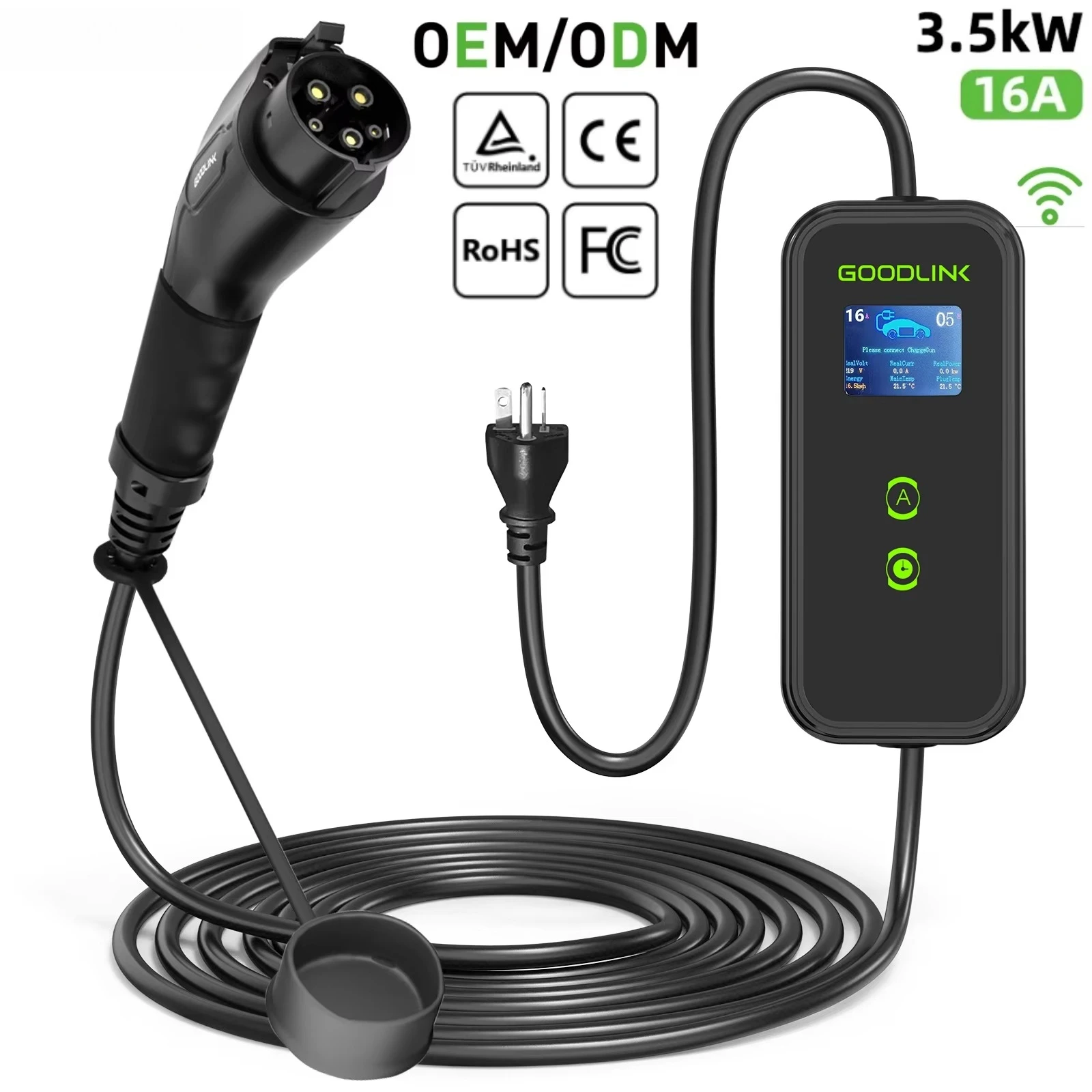 

Hot-selling Goodlink EV portable charger with LCD screen, output power 3.5kW 7.5kW current 16A 32A for TSL /TYPE1 /2