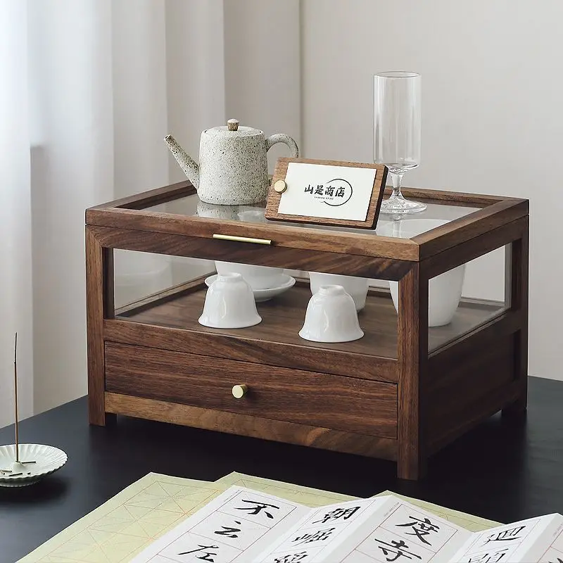 خزانة عرض تخزين المجوهرات، زجاج صيني جديد، خشب الجوز الصلب، صندوق تخزين مكتبي شفاف مغطى بشاشة أمريكا الشمالية