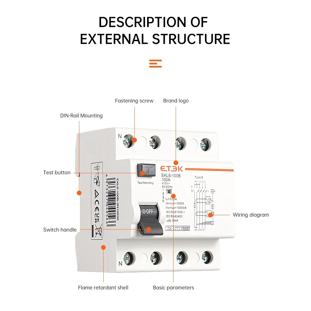 Imagem -05 - Interruptores do Escape da Terra do Etek-rcd dc 10ka 1p Mais n 2p 4p Pólos Pólos 40a 63a 30ma tipo b 6ma ev Evse 220v Ekl6100b