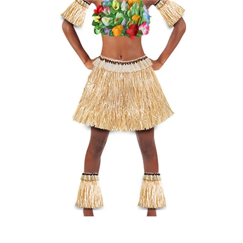 PORK-3X saia de grama havaiana terno elástico braço manga pés capa saia de grama hula dança traje praia (cor de palha)