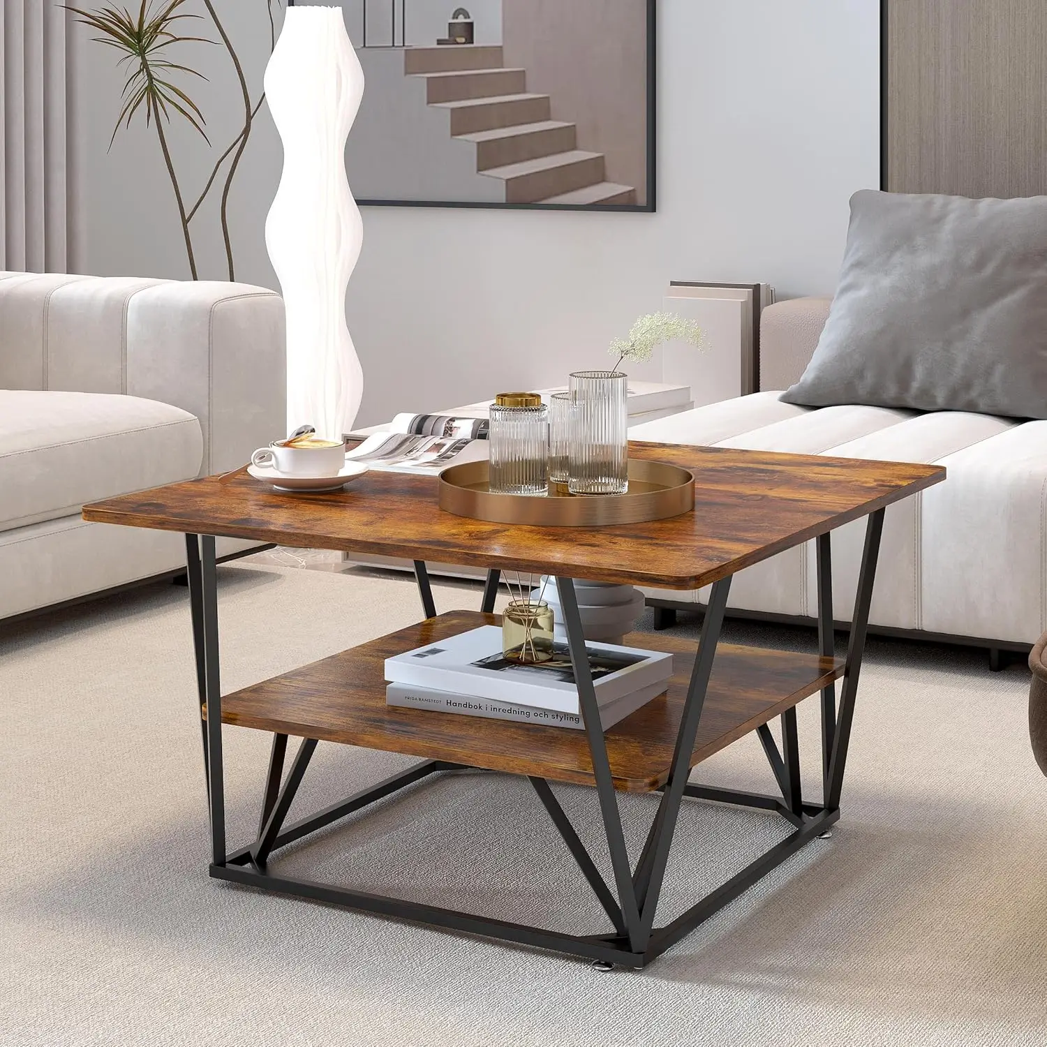 Elephance Square Coffee Table For Living Room, 31.5 Inch Modern Coffee Table With Storage, 2-Tier Caramel Brown Coffee Table,