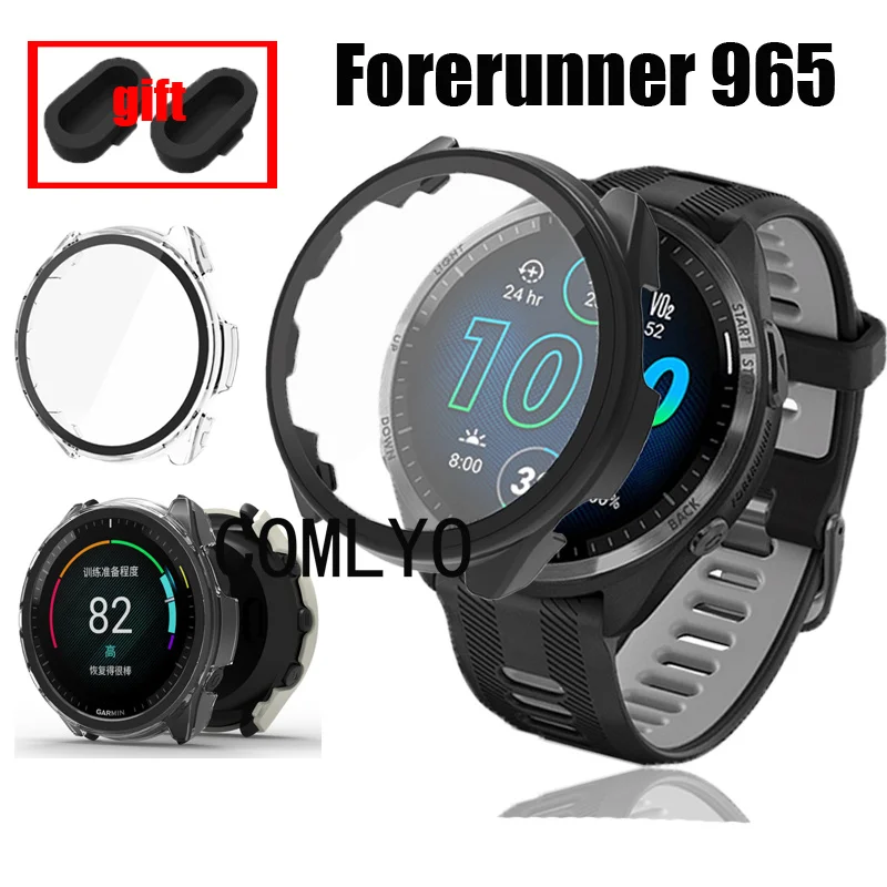 For Garmin Forerunner 965 Case Bumper PC Hard Tempered Glass Full Cover Screen Protector Charging Port Dustproof Plug Cap