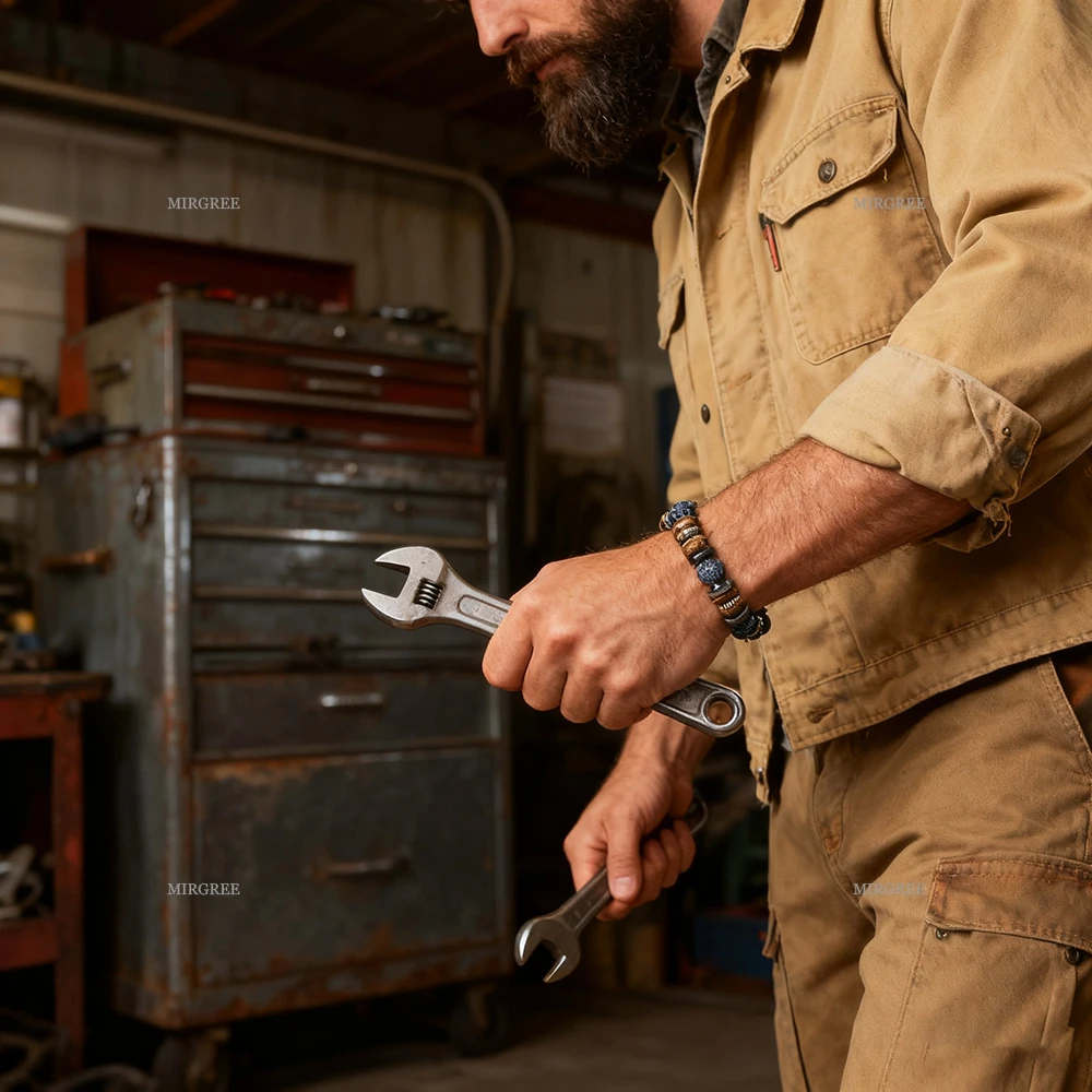 1 قطعة سوار خشبي من الحجر الطبيعي للرجال ، نمط متين ، مجوهرات عصرية ، عرض سحر الذكور الناضجة في مشاهد خارجية #2