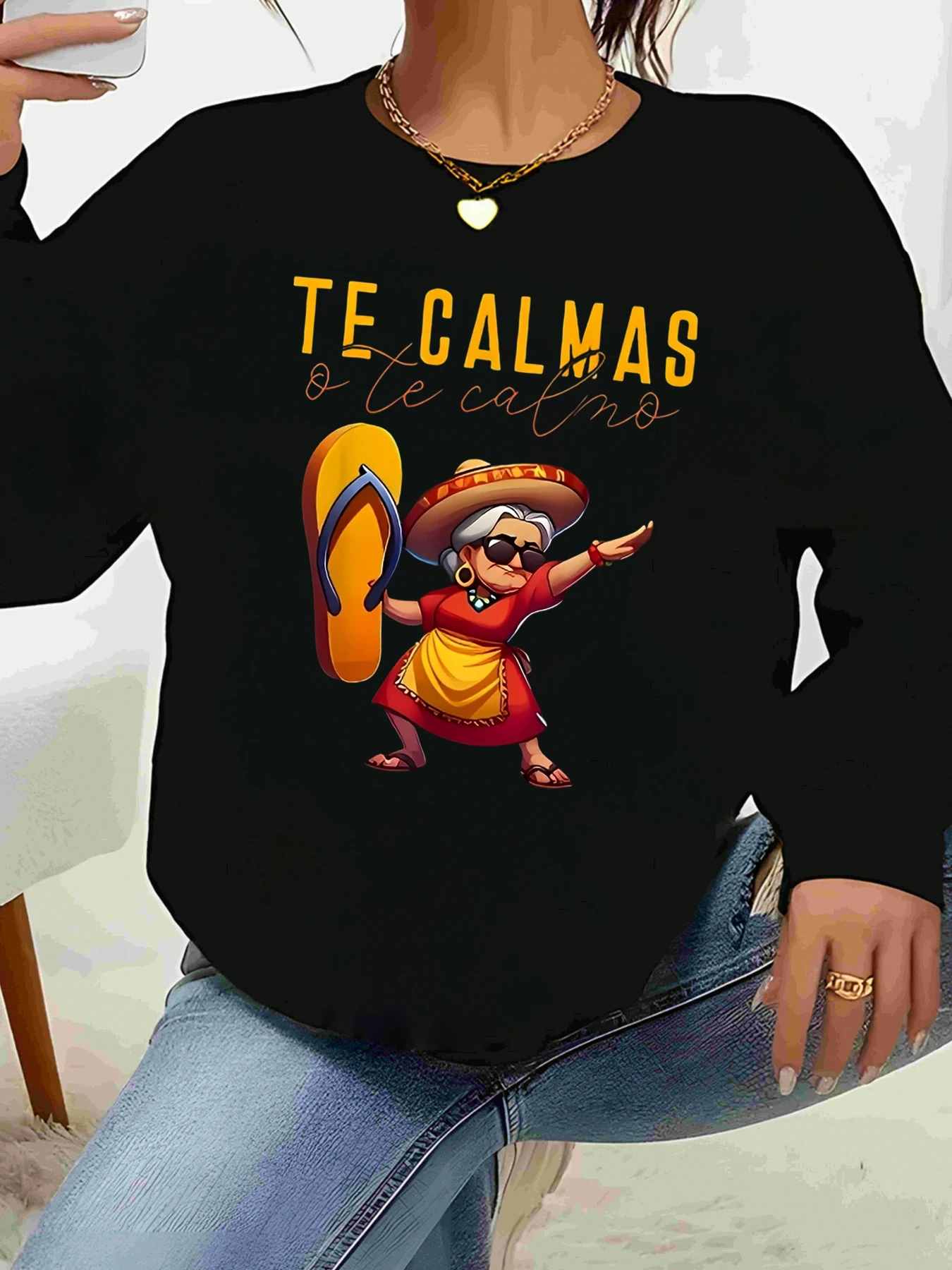 

Мексиканская бабушка, шлепанцы с принтом Te Calmas или Te Calmo, футболка с длинными рукавами, повседневная одежда, женская мода