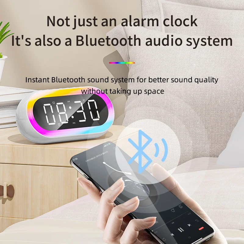 Altavoz Bluetooth con cargador inalámbrico, lámpara de noche portátil pequeña, carga inalámbrica, pantalla de reloj Digital, luz nocturna, despertador