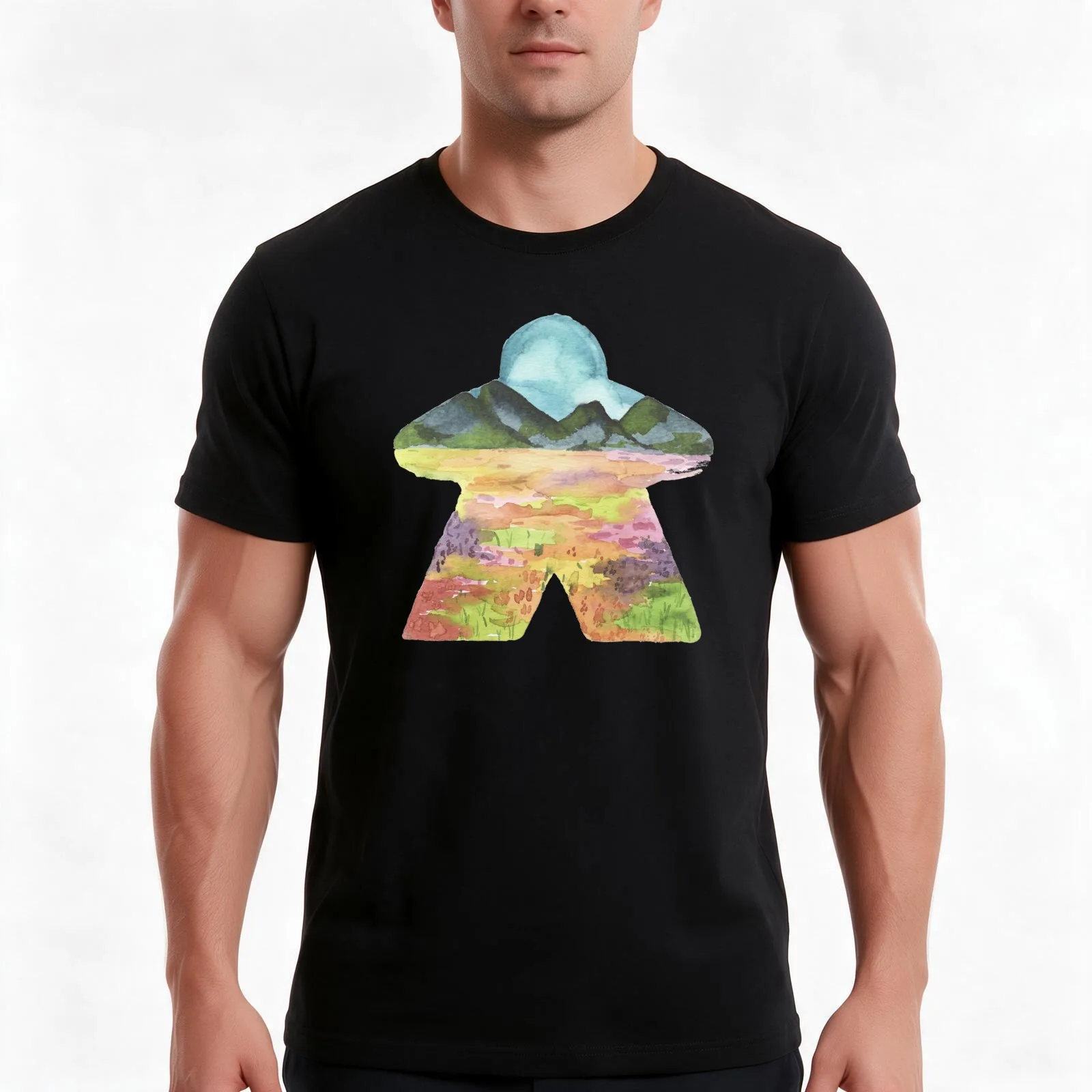 Watercolor Meeple Mountain Landscape Game Room Décor T-Shirt, Summer Casual Cotton Tee, Oversized Streetwear Tops, 100% Cotton