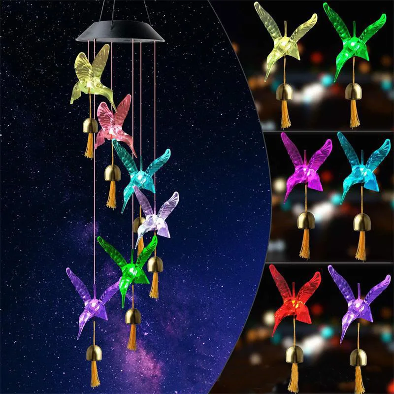 Color Changing Solar Power Wind Chime Hummingbird Angel Butterfly Waterproof Outdoor Decoration Light For Patio Yard Garden