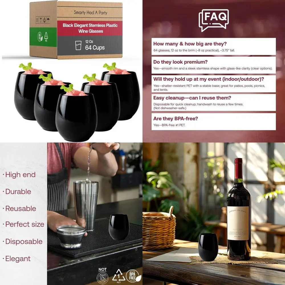 

64 Pack 12 oz Disposable Stemless Wine Glasses - Plastic Stemless Glasses for Parties, Weddings, and Events