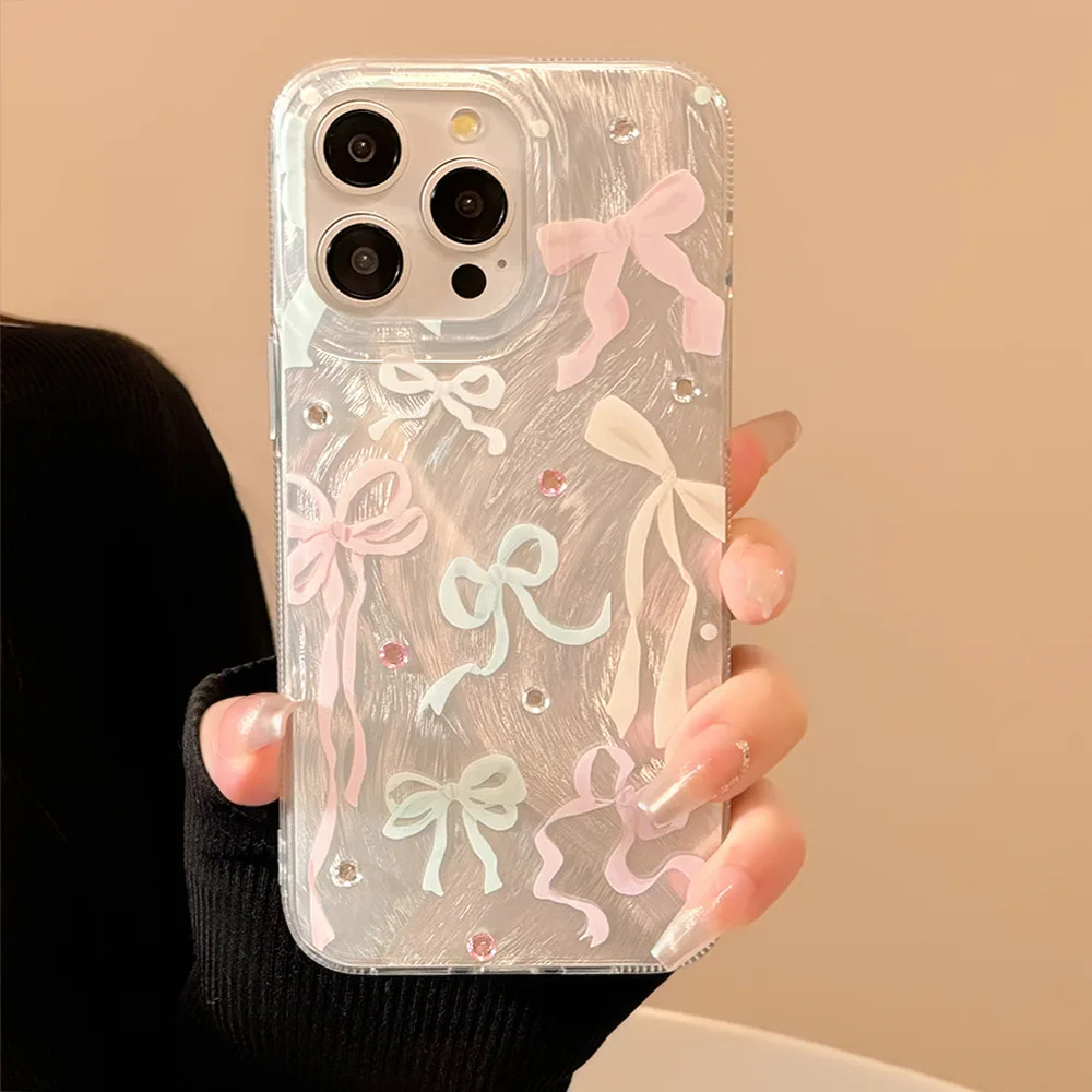 Cute colorful bow blingbling shiny cover for iphone 11 12 promax 14 plus 15 13 16 pro max plus butterfly phone case conque