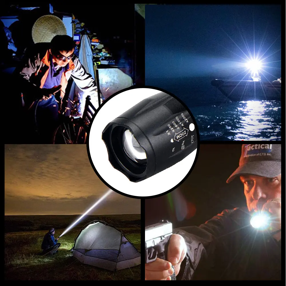 Tactical White Light Flashlight Portable Mini LED Torch 5 Modes Zoomable Lantern USB Chagring Lamp Power by 18650/AAA Battery
