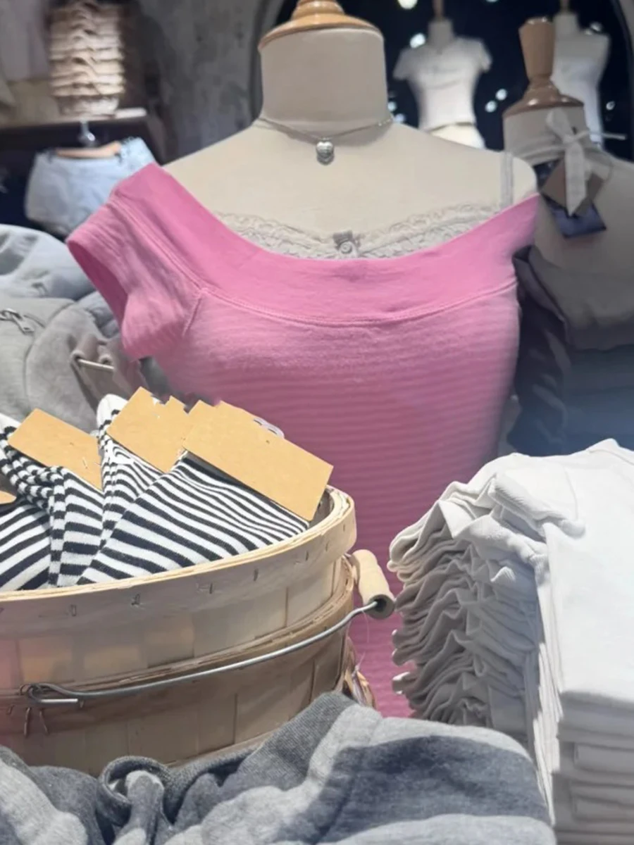 Pink Striped Slash Neck Tee Shirts Women Casual Short Raglan sleeve Cotton Preppy Style Slim Tshirts Sweet Cute Simple T-shirts