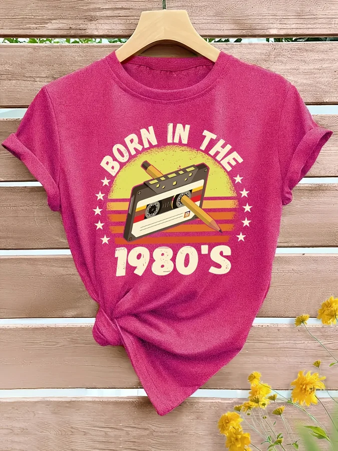 Vintage Cassette Tape Born in The 80S T-Shirt, Casual Crew Neck Short Sleeve Top, Spring Summer Women'S Clothing