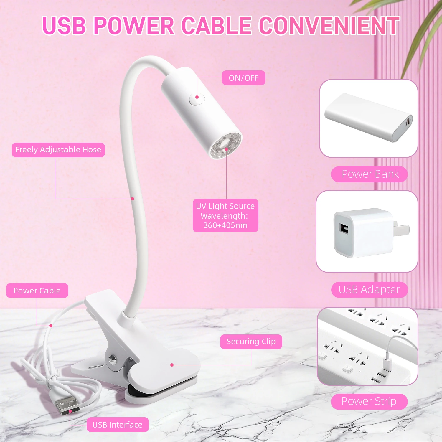 مصباح أظافر معقوفة مع مشبك USB للأشعة فوق البنفسجية LED مصباح أظافر لعلاج طلاء الأظافر الجل 360 °   مجفف أظافر دوار بدرجة للاستخدام في الصالونات المنزلية