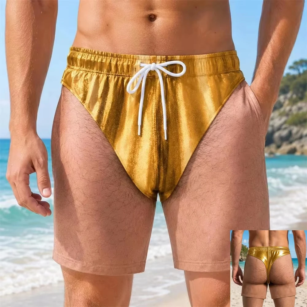 Lustige Herren-Badeshorts mit visueller Illusion, Leoparden-String-Print, schnelltrocknende Badehose, lässige, neuartige Party-Badebekleidung – Detail 8