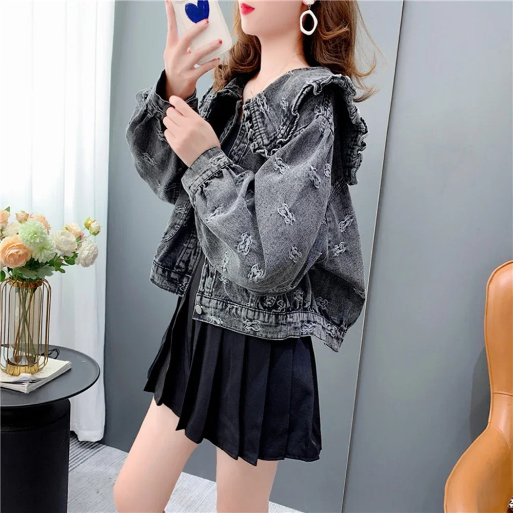 

Retro Jean Coat for Women, Short Denim Jacket, Sweet Ruffles, Peter Pan Collar, Long Sleeve Outwear, Tops, Korean Style