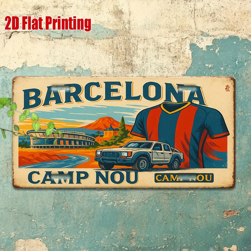 Plana 2D, 1 peça de placa de alumínio retrô do estádio Barcelona, adequada para casas, bares, cafés, garagens