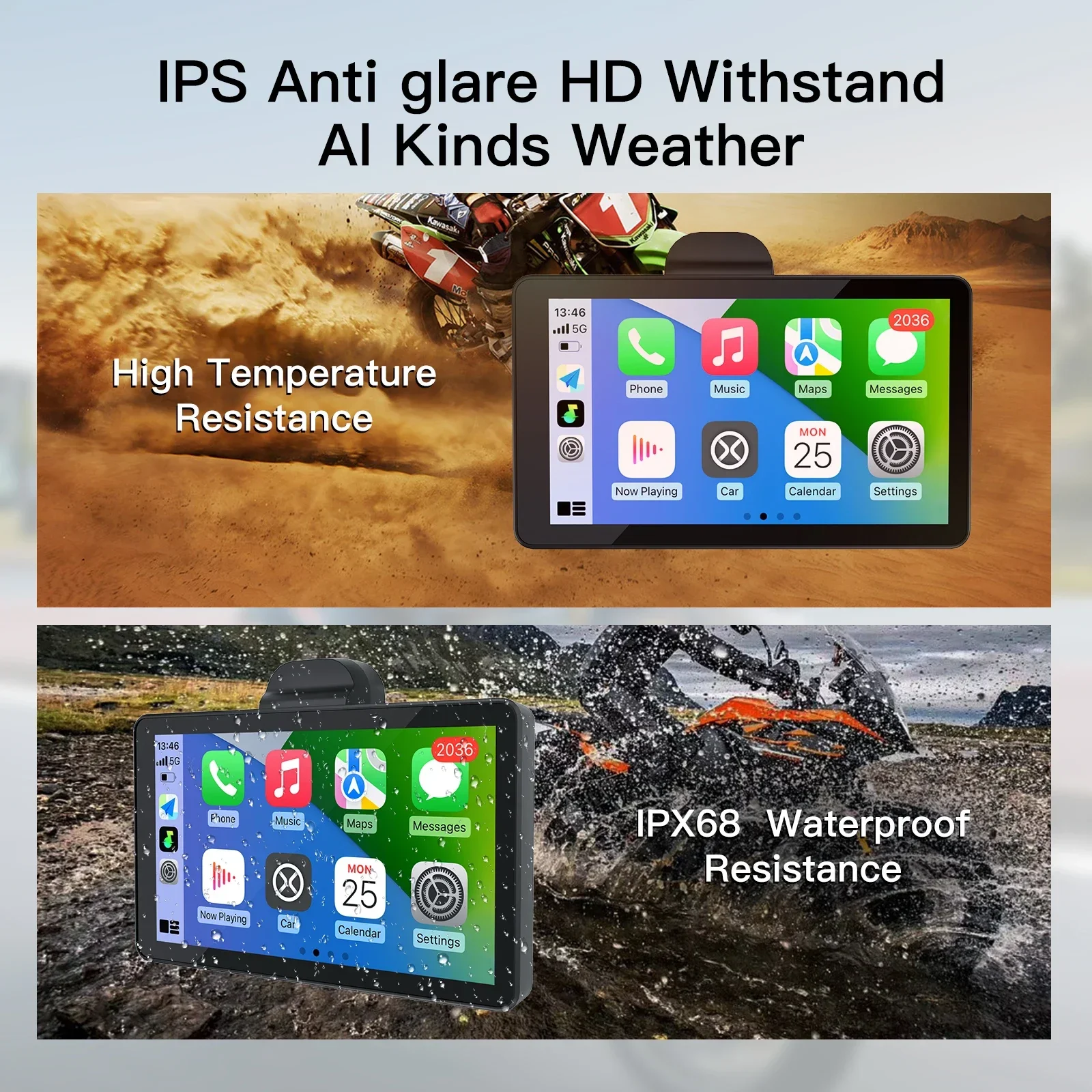 オートバイ Carplay GPS ナビゲーション画面 6 インチ防水 IPX7 IP68 ダッシュカムカメラ Moto Android 自動タッチディスプレイ