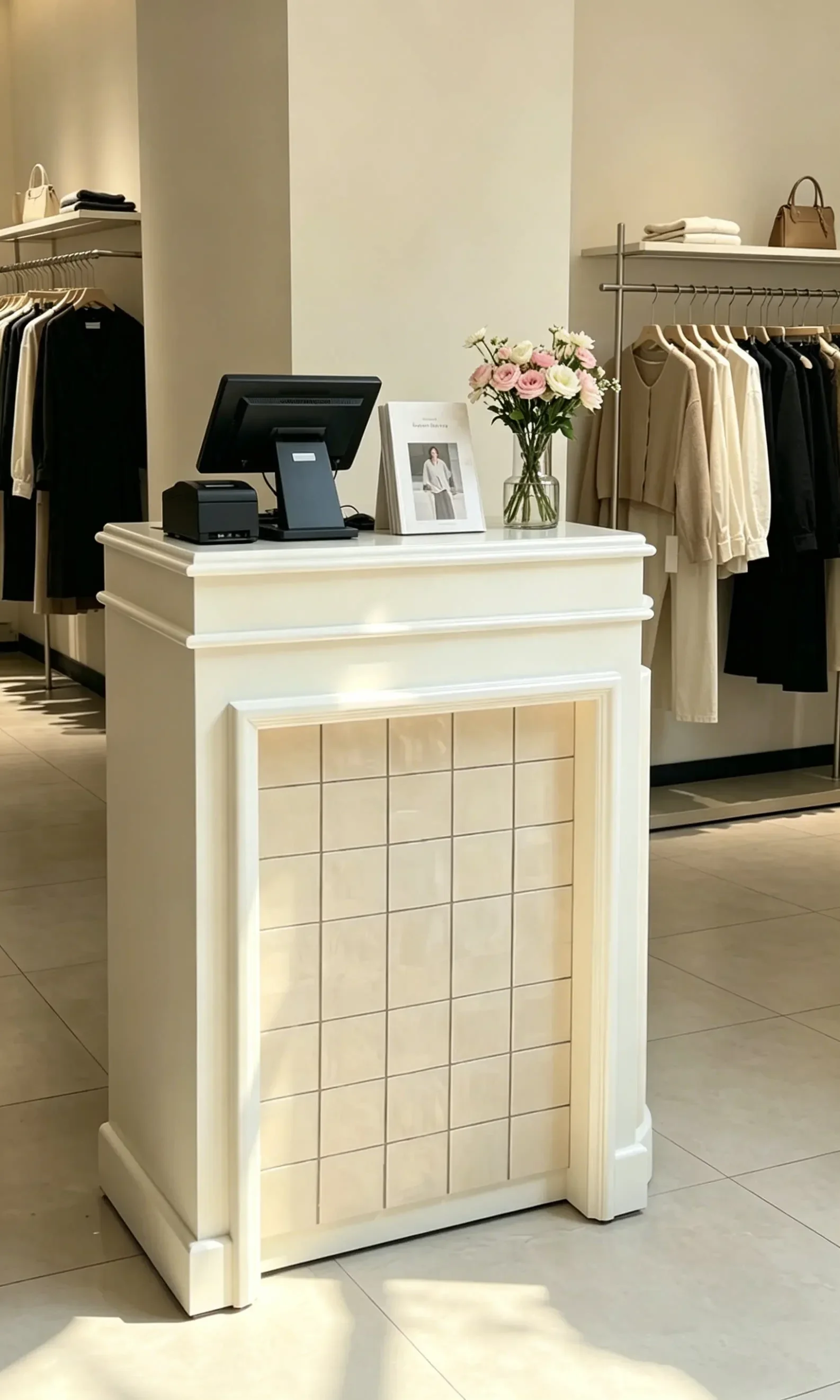 Clothing store Small bar Premium checkout page  pearl glazed square brick front desk counter