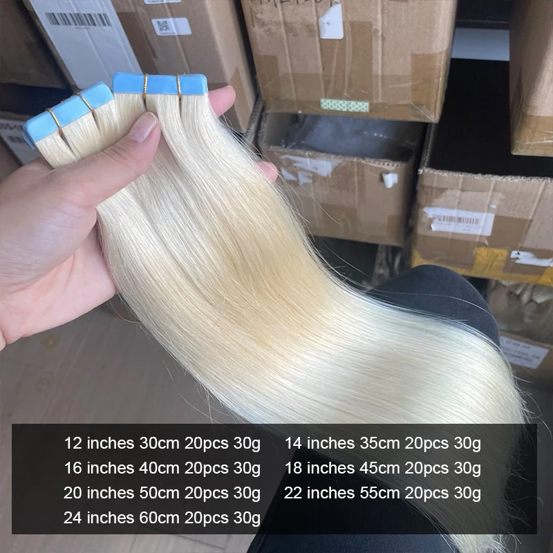 プラチナブロンドの人間の髪の毛のよこ糸,滑らかな髪,puスキン,サロンヘア,30g, 12-20インチ,60 #, 20ピース/パック