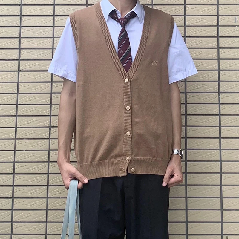 

Autumn Winter V-Neck Knitted Open Cardigan Vest Unisex Sleeveless Layering Clothing School Uniform Style Male Model Cotton Sw...