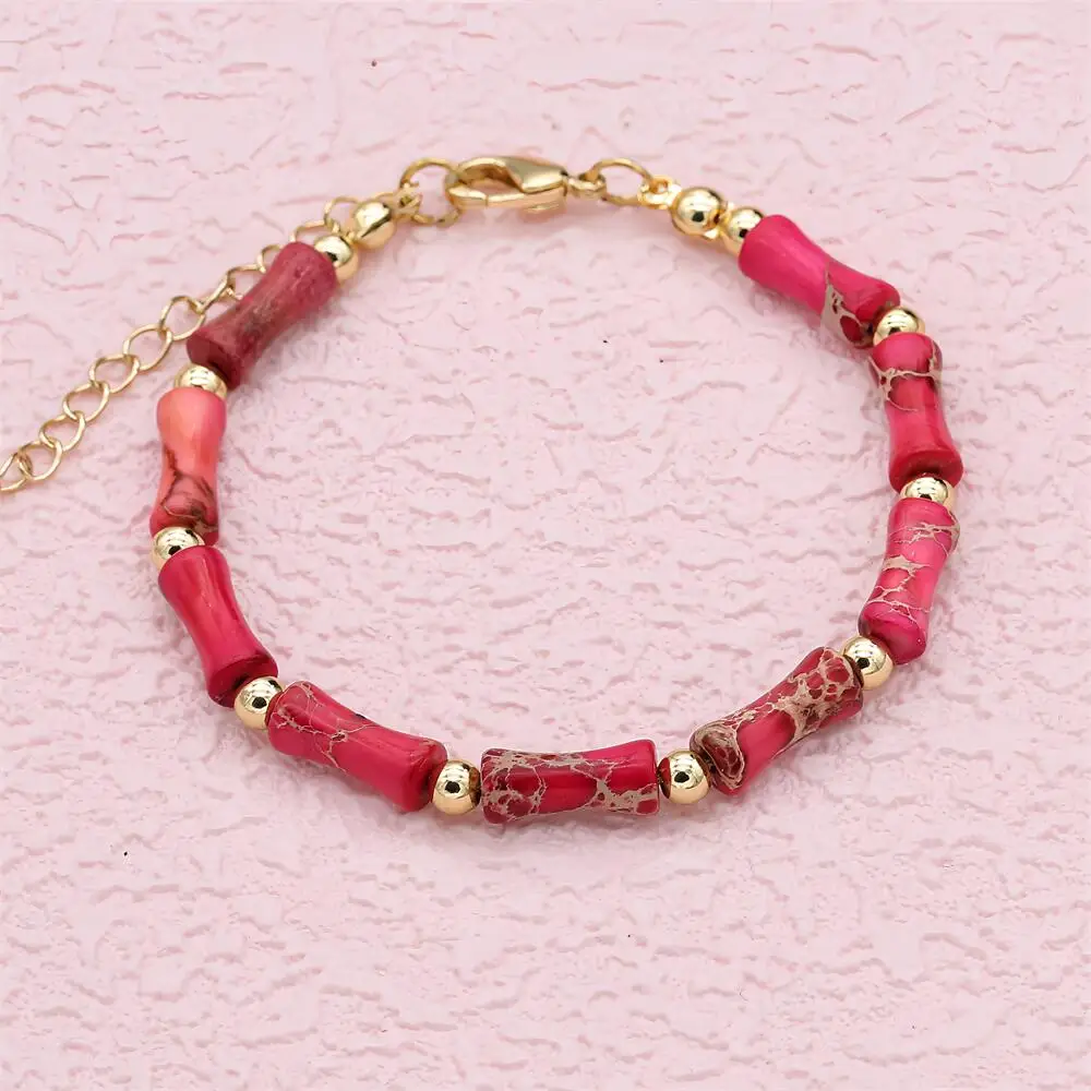 Handmade Women Pulseira Fashion Jewelry Gift Red Imperial Stone Beaded Charm Bracelet Gold Plated