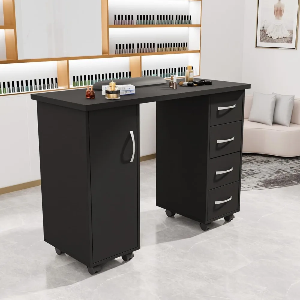

Manicure Table Nail Desk w/Cabinet, Drawers, Wheels & Arm Rest, Spa Salon Beauty Home Wooden Technician Workstation