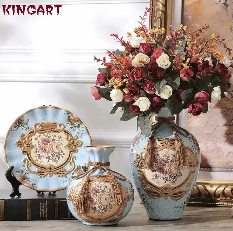 

3Pcs/Set Ceramic Vase Stereoscopic dried flowers arrangement wobble plate room entrance ornaments wedding decorations