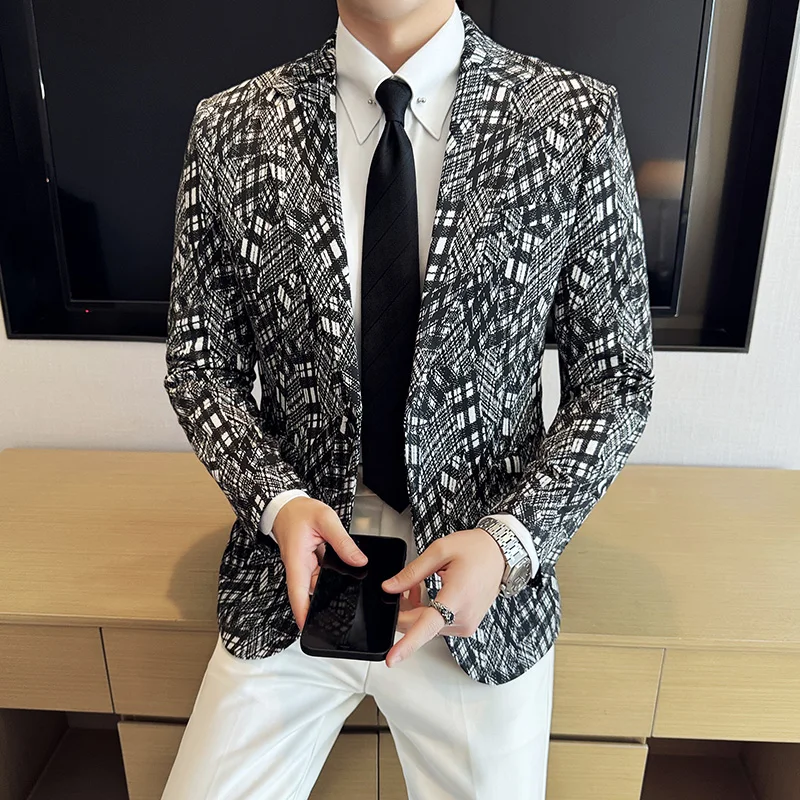 Korean Fashion Plaid Suit Jacket Men Slim Fit Casual Business Formal Blazers Wedding Groom Banquet Party Dress Coat Men Clothing