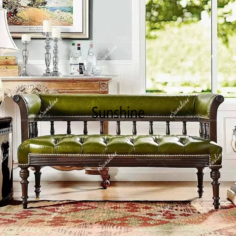 

Solid wood leisure sofa villa leather art sofa, French buckle double sofa